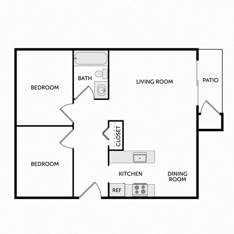 Floor plan for 2 beds, 1 bath, 860 sqft